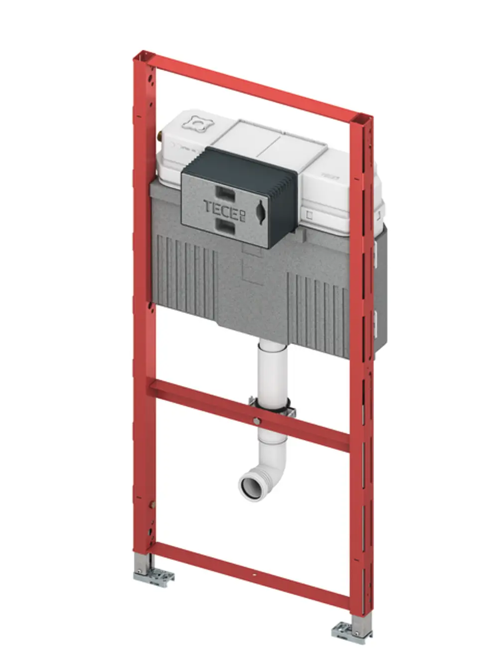 TECE Profil WC-Modul in rotem Metallrahmen mit integrierter Spülkastenaufnahme und Abflussrohr, geeignet für den Einbau in Badezimmer.